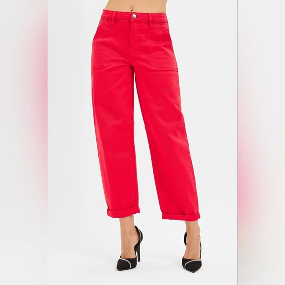 Risen High Rise Ankle Cuffed Barrel Jeans Scarlet Red Stretch Various NEW Ankle & Cropped